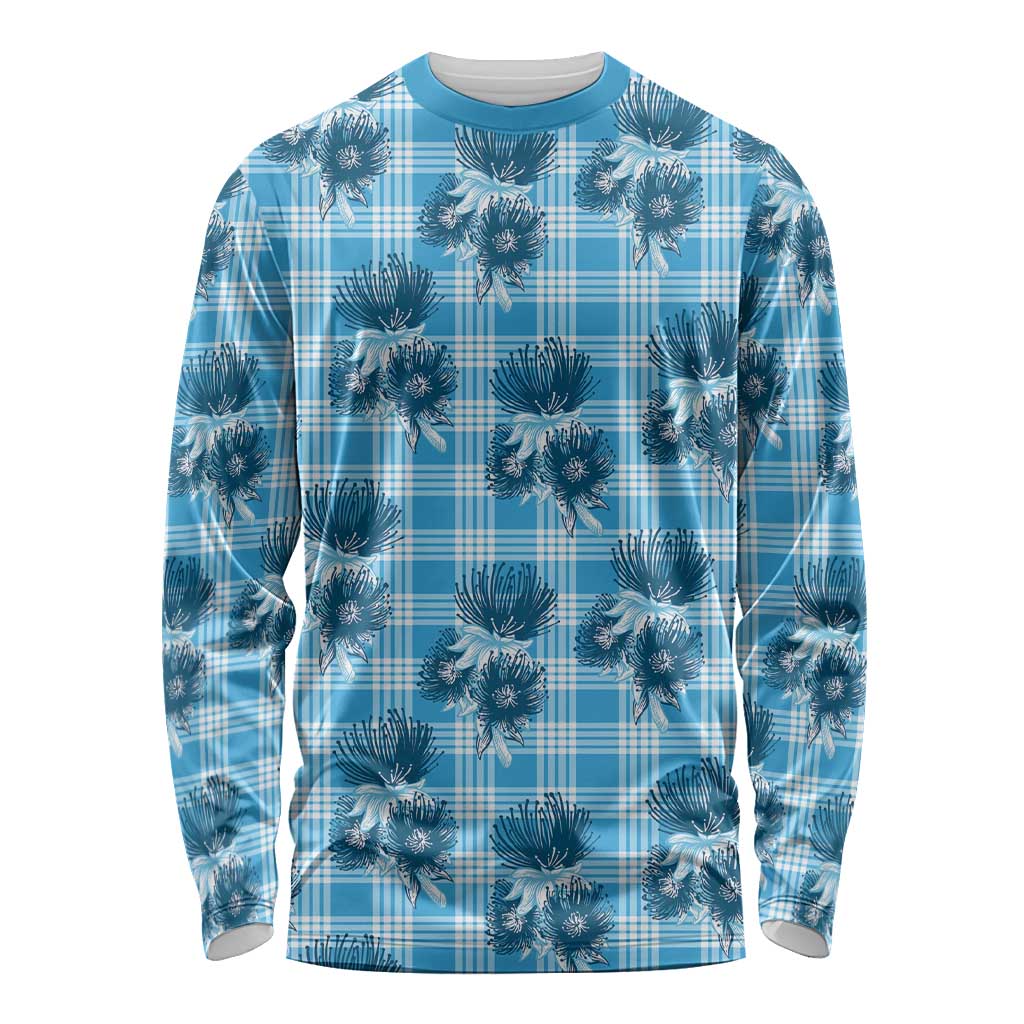 Blue Palaka Hawaii Long Sleeve Shirt Hawaiian Lehua Blossoms LT05 Unisex Blue - Polynesian Pride