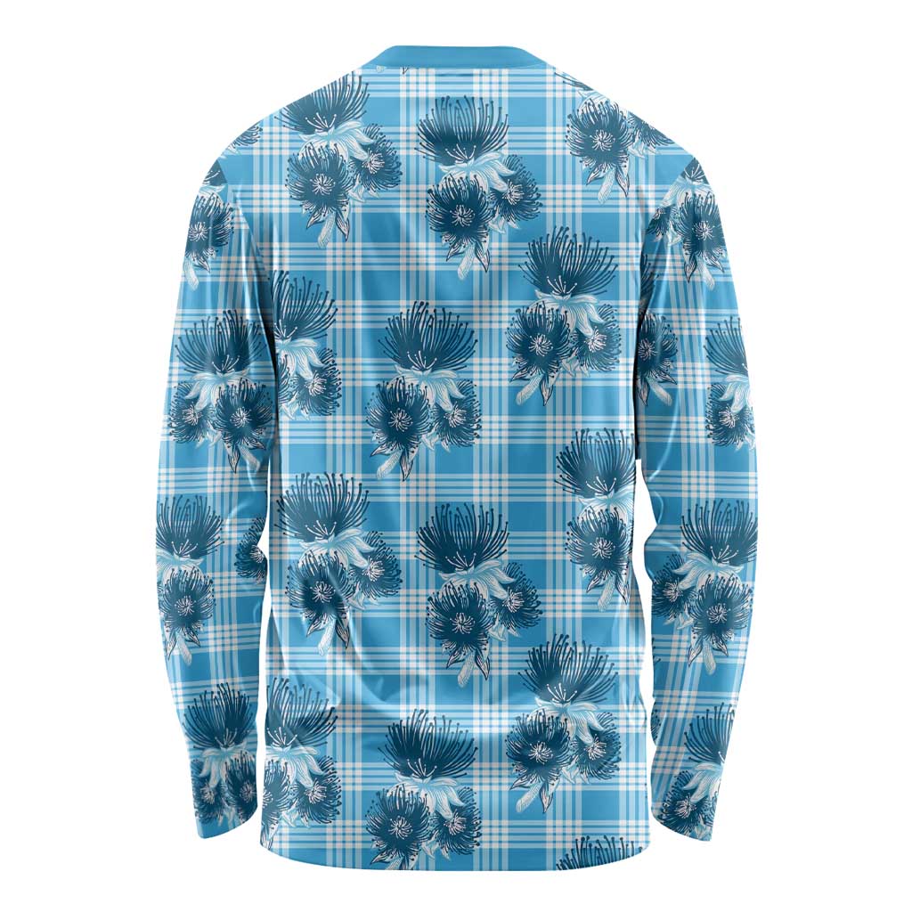 Blue Palaka Hawaii Long Sleeve Shirt Hawaiian Lehua Blossoms LT05 - Polynesian Pride