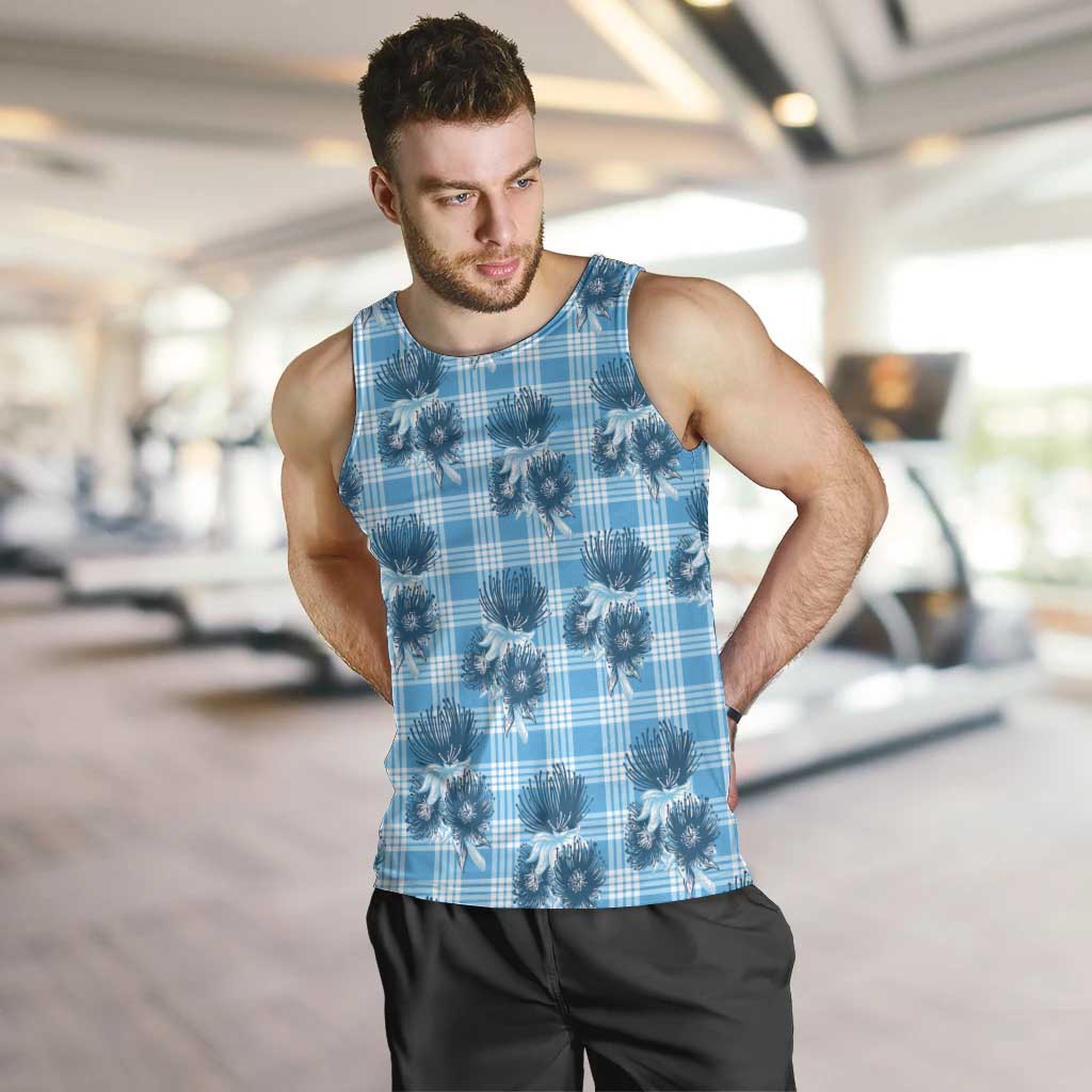 Blue Palaka Hawaii Men Tank Top Hawaiian Lehua Blossoms LT05 Blue - Polynesian Pride