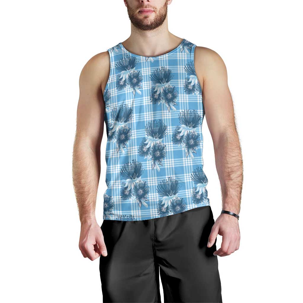 Blue Palaka Hawaii Men Tank Top Hawaiian Lehua Blossoms LT05 - Polynesian Pride