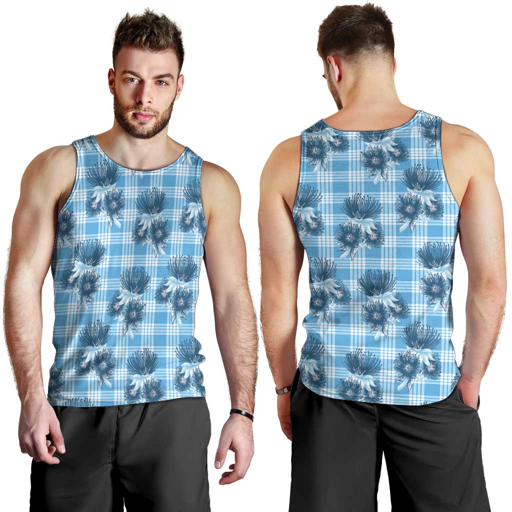 Blue Palaka Hawaii Men Tank Top Hawaiian Lehua Blossoms LT05 - Polynesian Pride