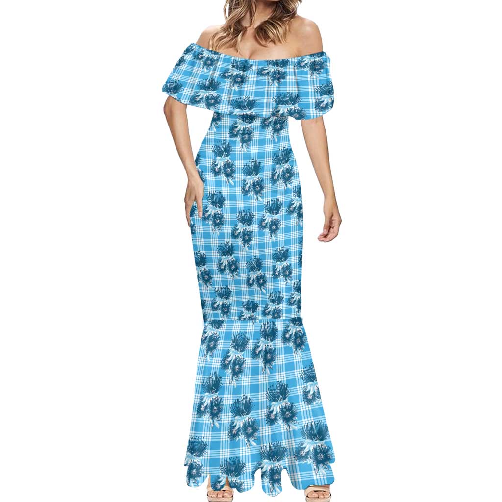 Blue Palaka Hawaii Mermaid Dress Hawaiian Lehua Blossoms LT05 - Polynesian Pride