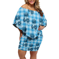 Blue Palaka Hawaii Off Shoulder Short Dress Hawaiian Lehua Blossoms