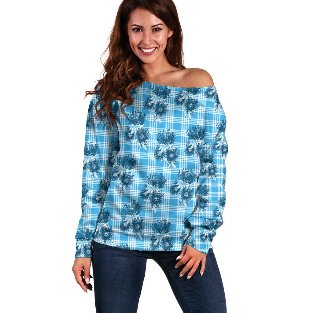 Blue Palaka Hawaii Off Shoulder Sweater Hawaiian Lehua Blossoms LT05 Women Blue - Polynesian Pride