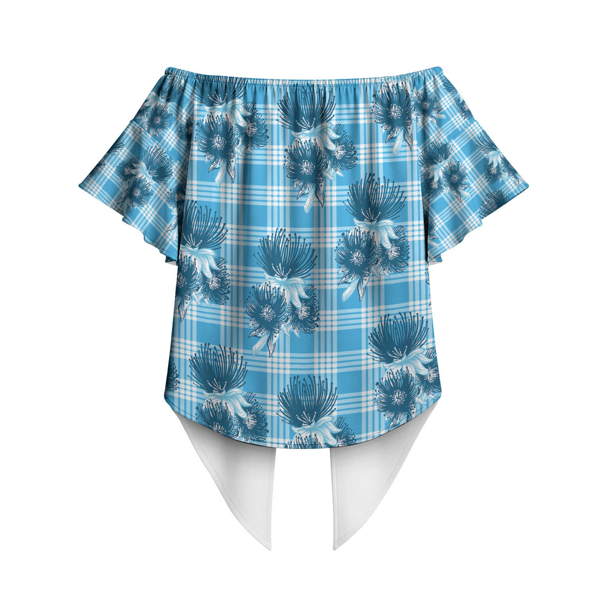 Blue Palaka Hawaii Off Shoulder Wrap Waist Top Hawaiian Lehua Blossoms LT05 - Polynesian Pride