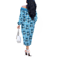 Blue Palaka Hawaii Off The Shoulder Long Sleeve Dress Hawaiian Lehua Blossoms
