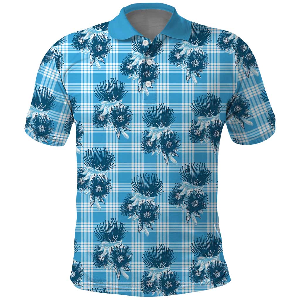 Blue Palaka Hawaii Polo Shirt Hawaiian Lehua Blossoms LT05 Blue - Polynesian Pride