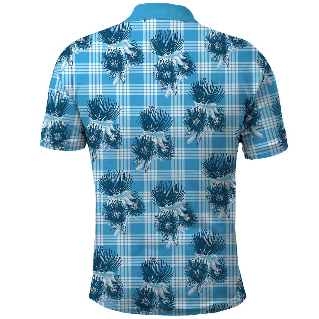 Blue Palaka Hawaii Polo Shirt Hawaiian Lehua Blossoms LT05 - Polynesian Pride