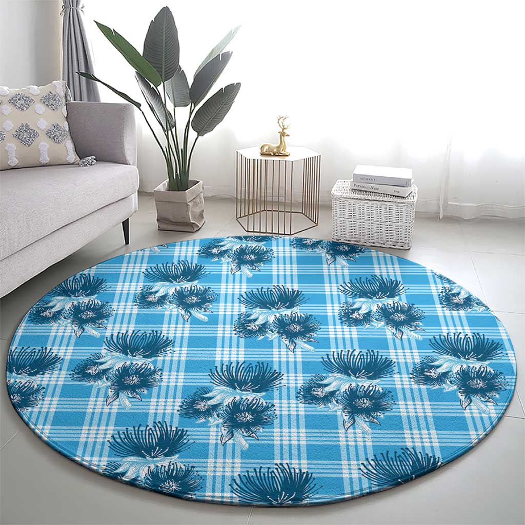 Blue Palaka Hawaii Round Carpet Hawaiian Lehua Blossoms