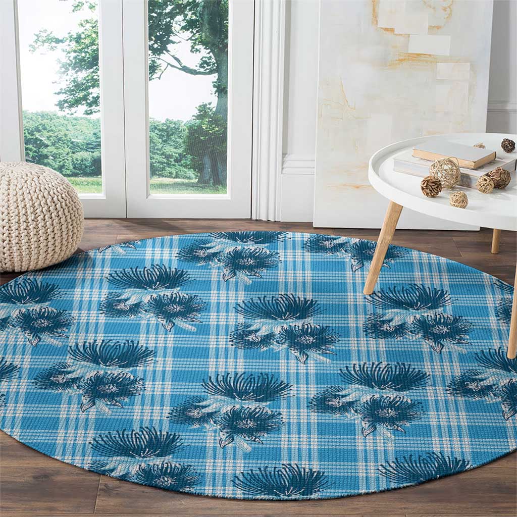 Blue Palaka Hawaii Round Carpet Hawaiian Lehua Blossoms