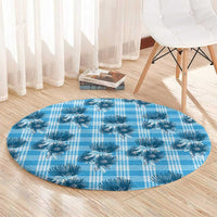 Blue Palaka Hawaii Round Carpet Hawaiian Lehua Blossoms