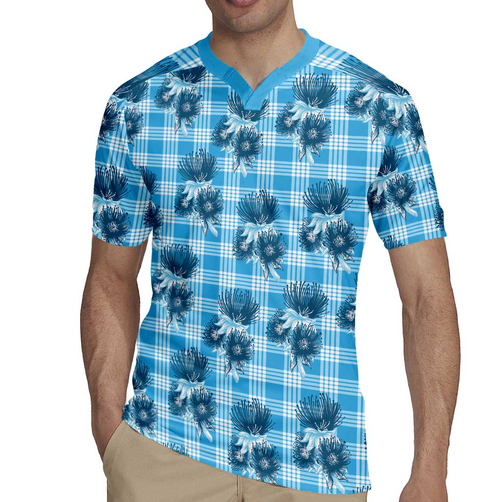 Blue Palaka Hawaii Rugby Jersey Hawaiian Lehua Blossoms