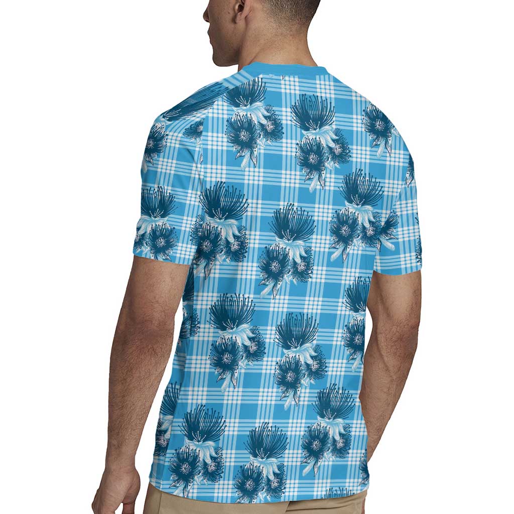 Blue Palaka Hawaii Rugby Jersey Hawaiian Lehua Blossoms