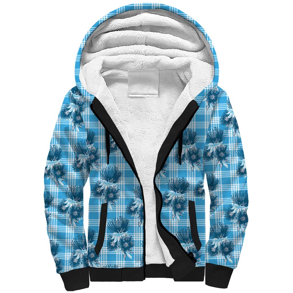 Blue Palaka Hawaii Sherpa Hoodie Hawaiian Lehua Blossoms LT05 Unisex Blue - Polynesian Pride