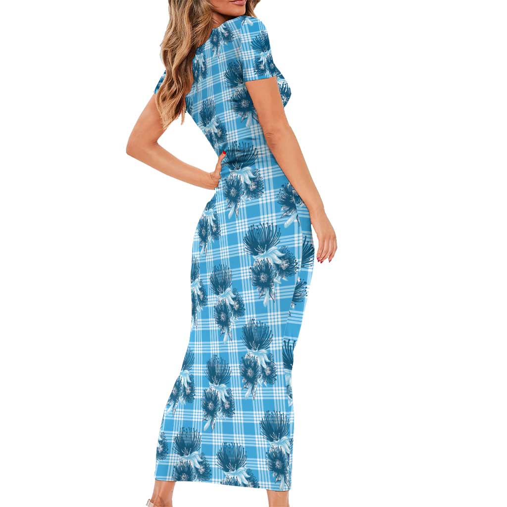 Blue Palaka Hawaii Short Sleeve Bodycon Dress Hawaiian Lehua Blossoms LT05 - Polynesian Pride