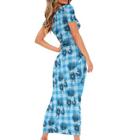 Blue Palaka Hawaii Short Sleeve Bodycon Dress Hawaiian Lehua Blossoms LT05 - Polynesian Pride