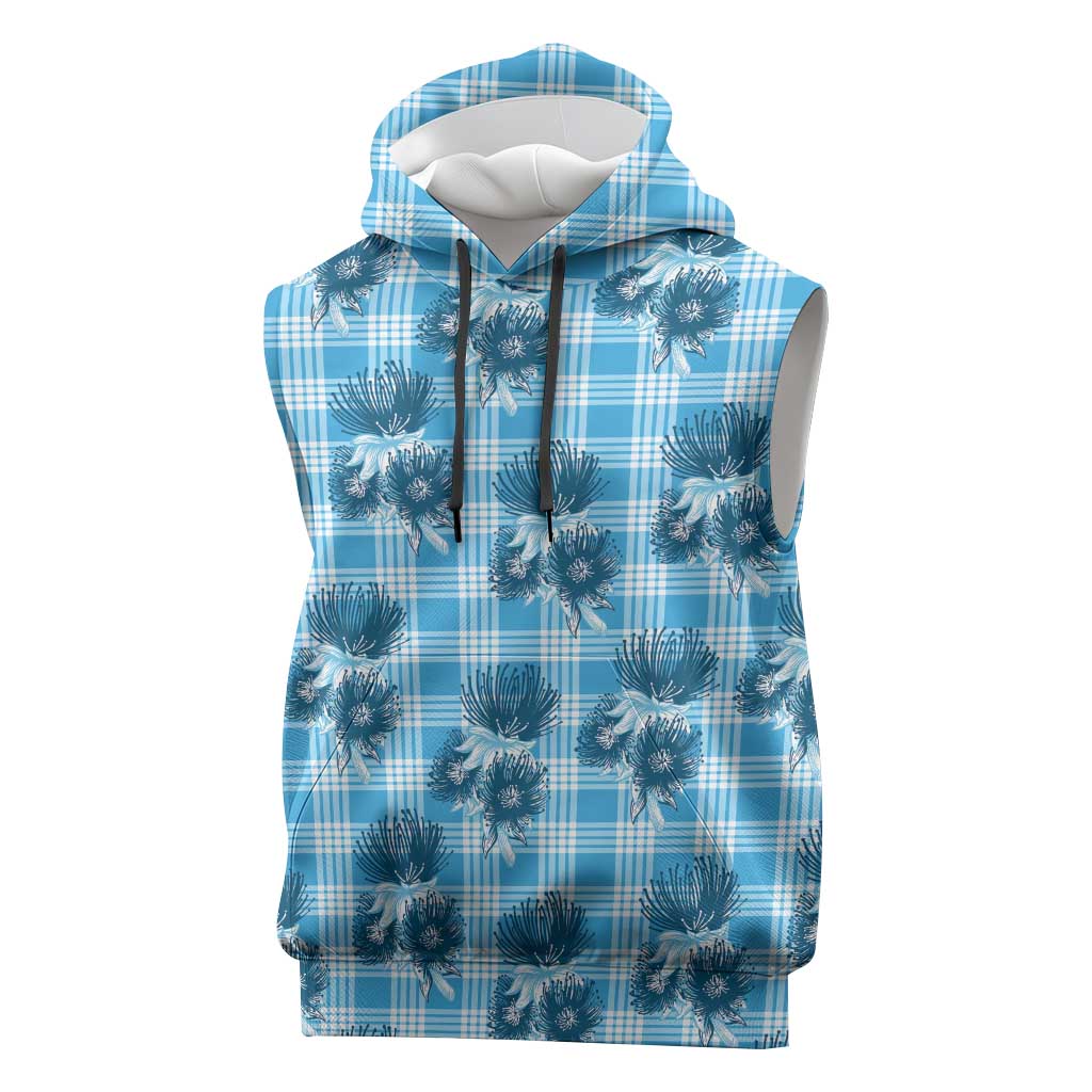 Blue Palaka Hawaii Sleeveless Hoodie Hawaiian Lehua Blossoms LT05 Blue - Polynesian Pride