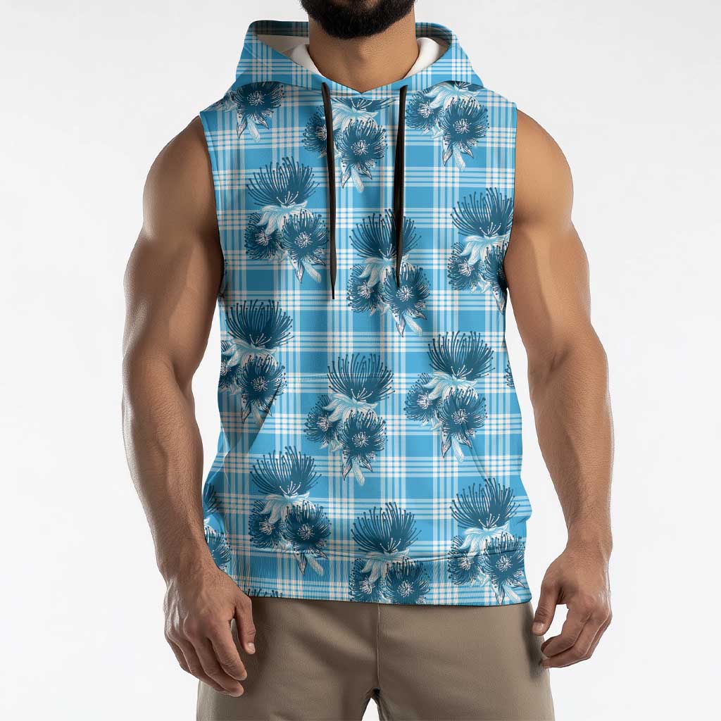 Blue Palaka Hawaii Sleeveless Hoodie Hawaiian Lehua Blossoms LT05 - Polynesian Pride