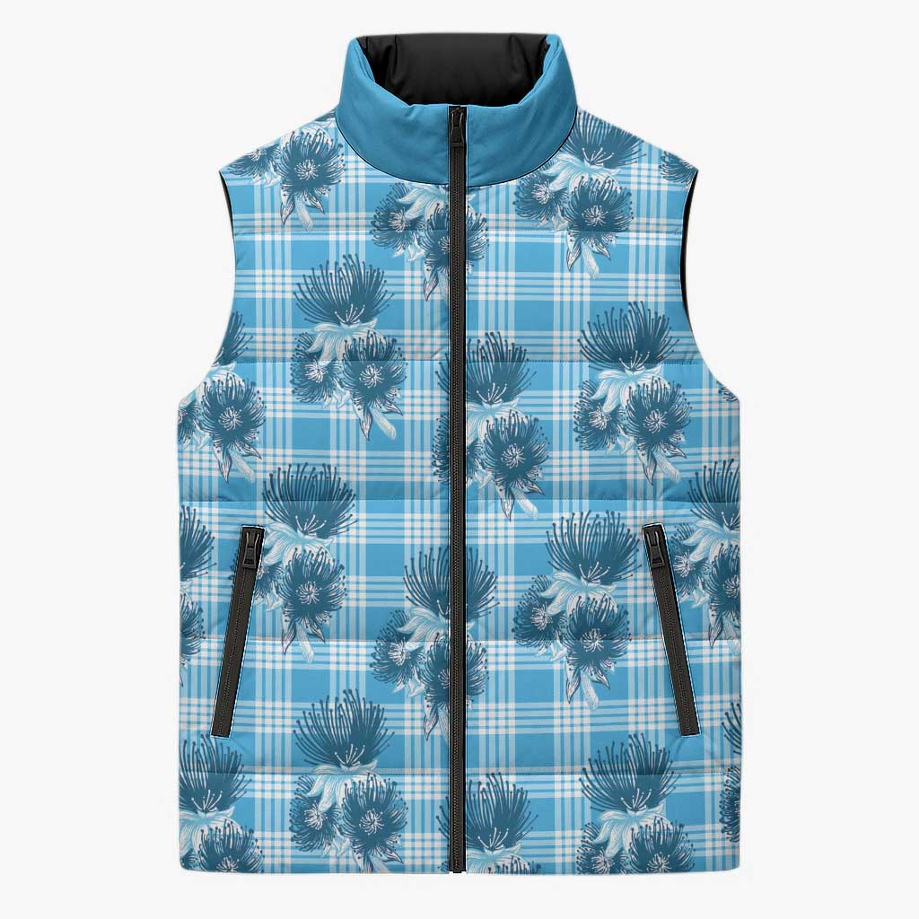Blue Palaka Hawaii Sleeveless Puffer Jacket Hawaiian Lehua Blossoms LT05 Unisex Blue - Polynesian Pride