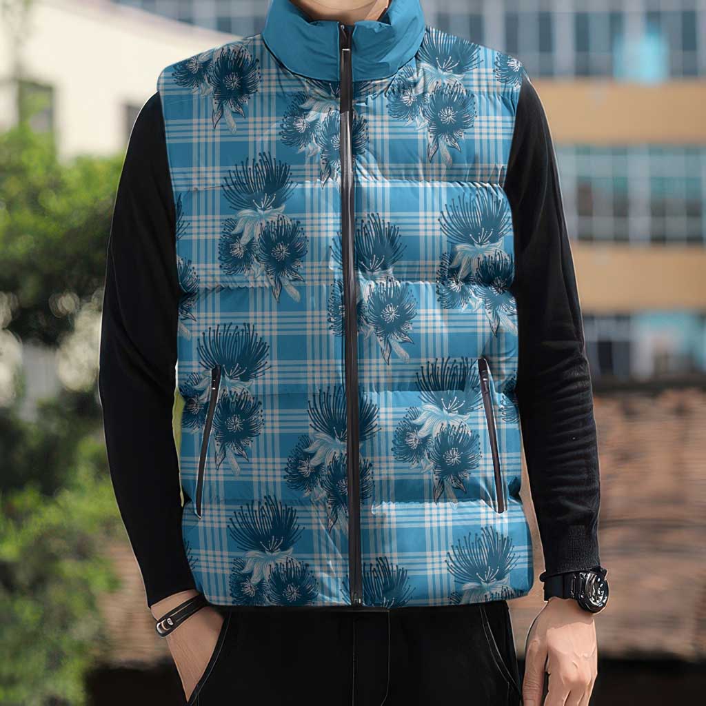 Blue Palaka Hawaii Sleeveless Puffer Jacket Hawaiian Lehua Blossoms LT05 - Polynesian Pride