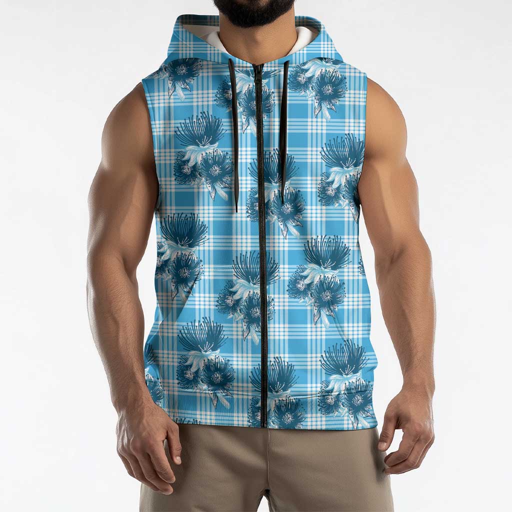 Blue Palaka Hawaii Sleeveless Zip Hoodie Hawaiian Lehua Blossoms LT05 - Polynesian Pride