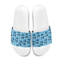 Blue Palaka Hawaii Slide Sandals Hawaiian Lehua Blossoms