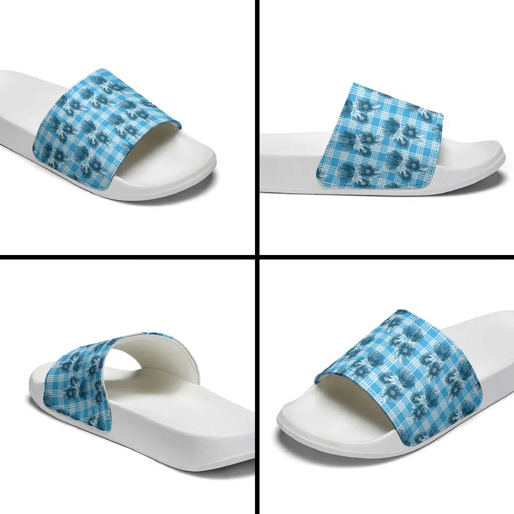 Blue Palaka Hawaii Slide Sandals Hawaiian Lehua Blossoms