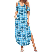 Blue Palaka Hawaii Summer Maxi Dress Hawaiian Lehua Blossoms LT05 Women Blue - Polynesian Pride