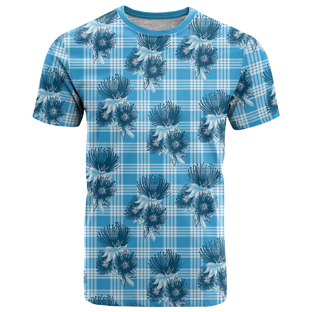 Blue Palaka Hawaii T Shirt Hawaiian Lehua Blossoms LT05 Blue - Polynesian Pride