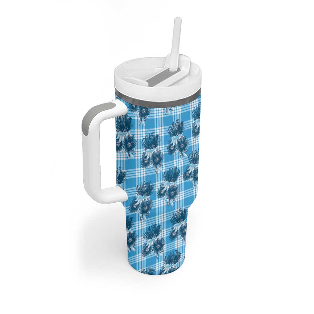 Blue Palaka Hawaii Tumbler With Handle Hawaiian Lehua Blossoms LT05 - Polynesian Pride