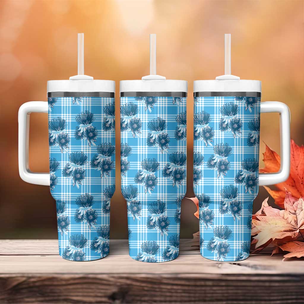 Blue Palaka Hawaii Tumbler With Handle Hawaiian Lehua Blossoms LT05 - Polynesian Pride