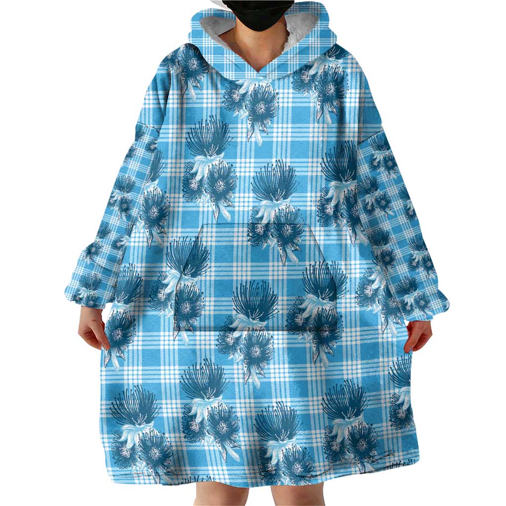 Blue Palaka Hawaii Wearable Blanket Hoodie Hawaiian Lehua Blossoms