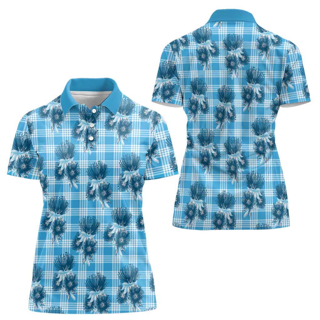 Blue Palaka Hawaii Women Polo Shirt Hawaiian Lehua Blossoms LT05 - Polynesian Pride