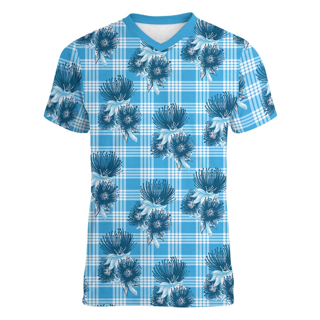 Blue Palaka Hawaii Women V-Neck T-Shirt Hawaiian Lehua Blossoms LT05 Female Blue - Polynesian Pride