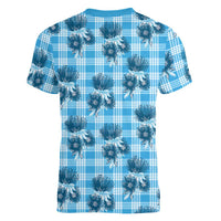 Blue Palaka Hawaii Women V-Neck T-Shirt Hawaiian Lehua Blossoms LT05 - Polynesian Pride