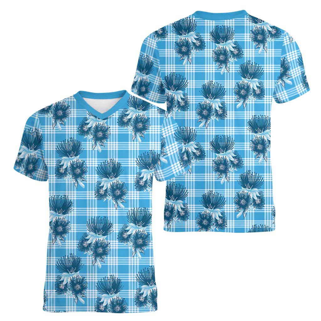 Blue Palaka Hawaii Women V-Neck T-Shirt Hawaiian Lehua Blossoms LT05 - Polynesian Pride