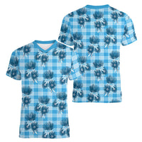 Blue Palaka Hawaii Women V-Neck T-Shirt Hawaiian Lehua Blossoms LT05 - Polynesian Pride