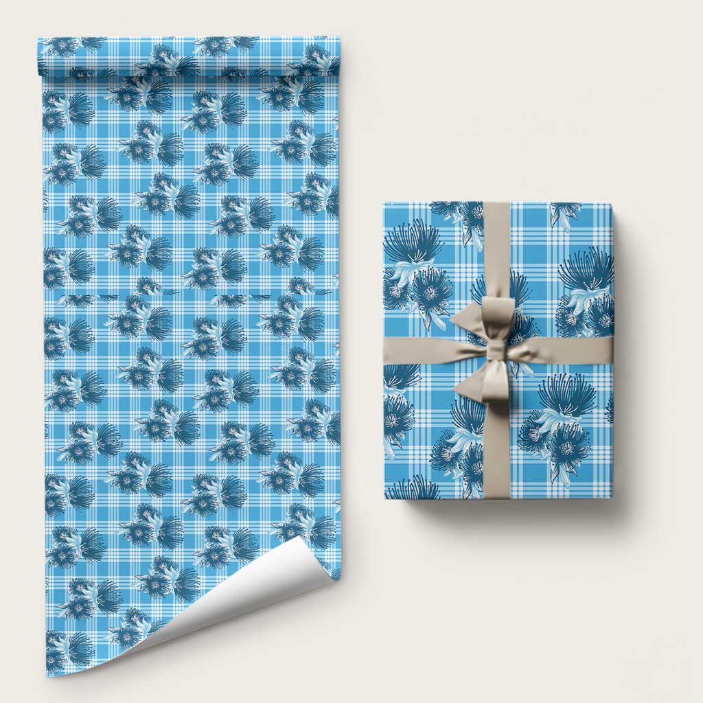 Blue Palaka Hawaii Wrapping Paper Hawaiian Lehua Blossoms LT05 58" × 23" Blue - Polynesian Pride