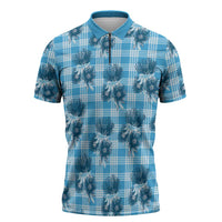 Blue Palaka Hawaii Zipper Polo Shirt Hawaiian Lehua Blossoms LT05 Blue - Polynesian Pride