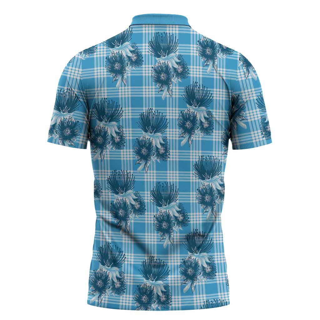 Blue Palaka Hawaii Zipper Polo Shirt Hawaiian Lehua Blossoms LT05 - Polynesian Pride