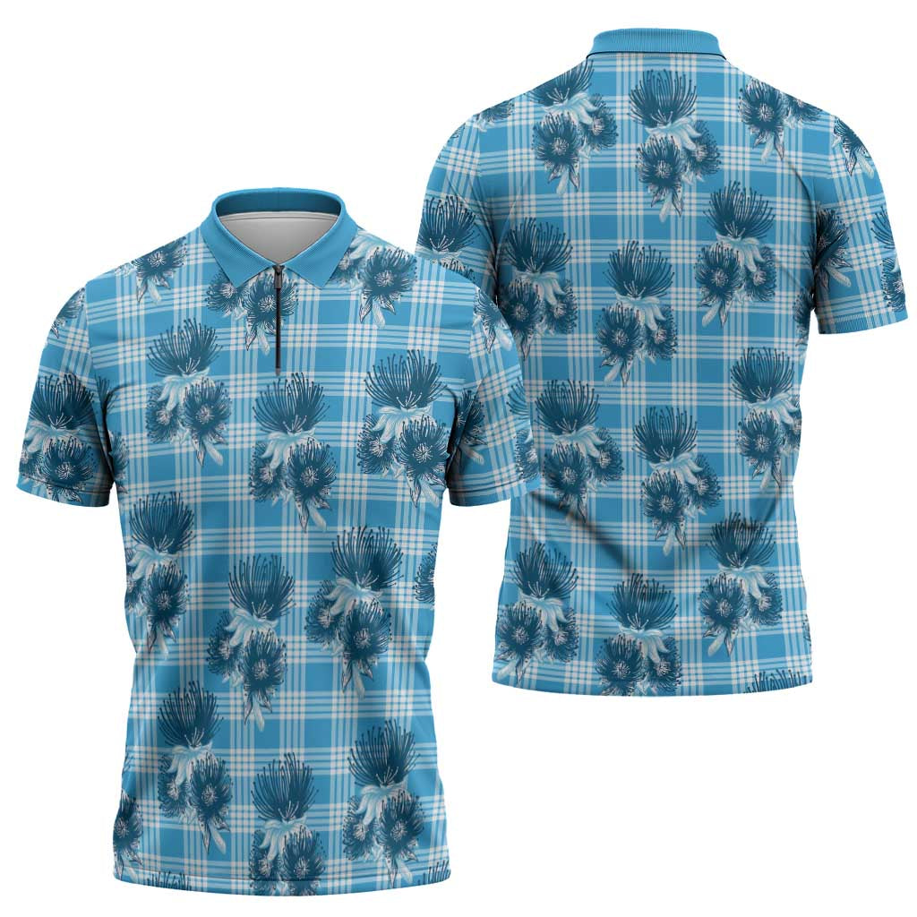 Blue Palaka Hawaii Zipper Polo Shirt Hawaiian Lehua Blossoms LT05 - Polynesian Pride