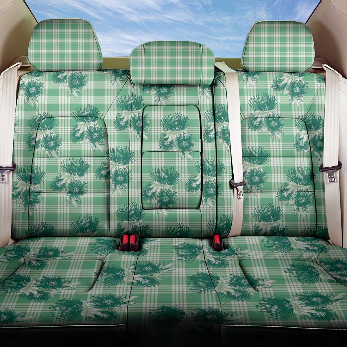 Green Palaka Hawaii Back Car Seat Cover Hawaiian Lehua Blossoms LT05 One Size Green - Polynesian Pride