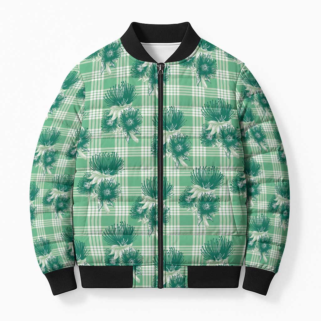 Green Palaka Hawaii Bomber Puffer Jacket Hawaiian Lehua Blossoms