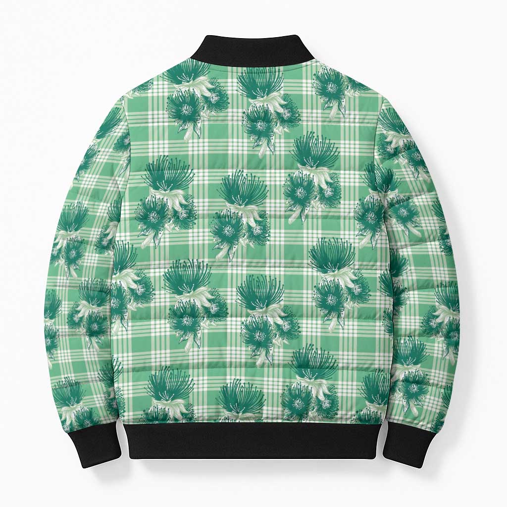 Green Palaka Hawaii Bomber Puffer Jacket Hawaiian Lehua Blossoms