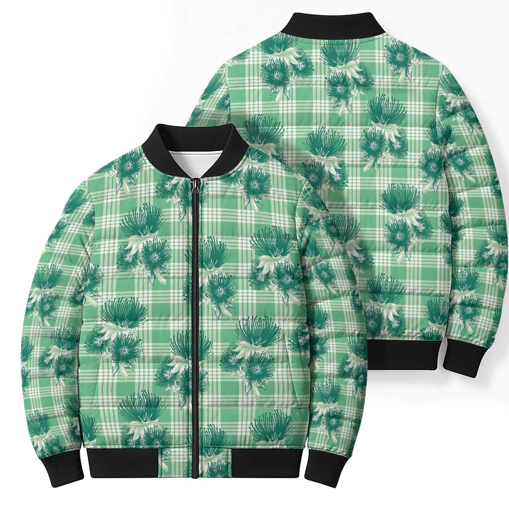 Green Palaka Hawaii Bomber Puffer Jacket Hawaiian Lehua Blossoms