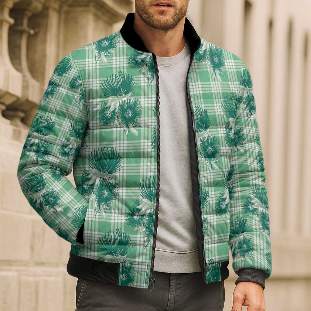 Green Palaka Hawaii Bomber Puffer Jacket Hawaiian Lehua Blossoms
