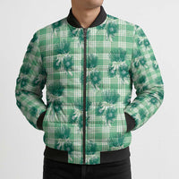 Green Palaka Hawaii Bomber Puffer Jacket Hawaiian Lehua Blossoms