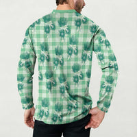 Green Palaka Hawaii Button Sweatshirt Hawaiian Lehua Blossoms