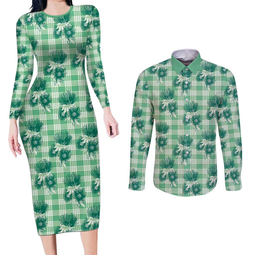 Green Palaka Hawaii Couples Matching Long Sleeve Bodycon Dress and Long Sleeve Button Shirt Hawaiian Lehua Blossoms