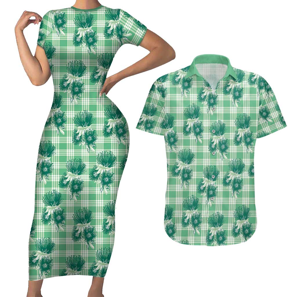 Green Palaka Hawaii Couples Matching Short Sleeve Bodycon Dress and Hawaiian Shirt Hawaiian Lehua Blossoms